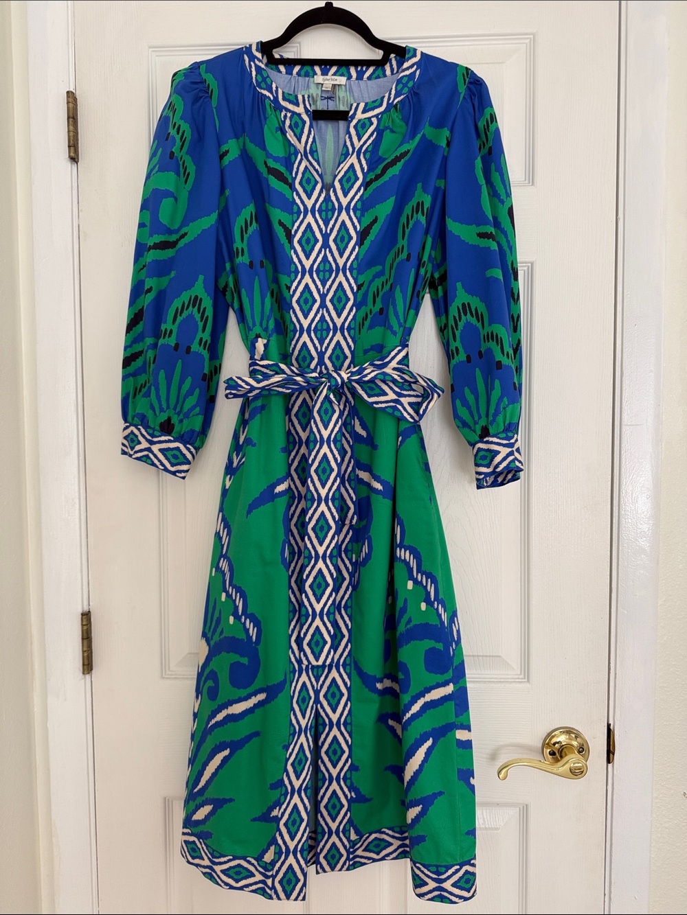 Tyler Boe Blue and Green Printed Tie-Waist Midi Dress